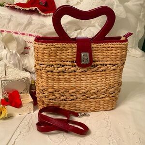 EIKA N/W/OUT TAGS STRAW BAG, DOUBLE HEART RED BURGUNDY HANDLE, DETACHABLE STRAP